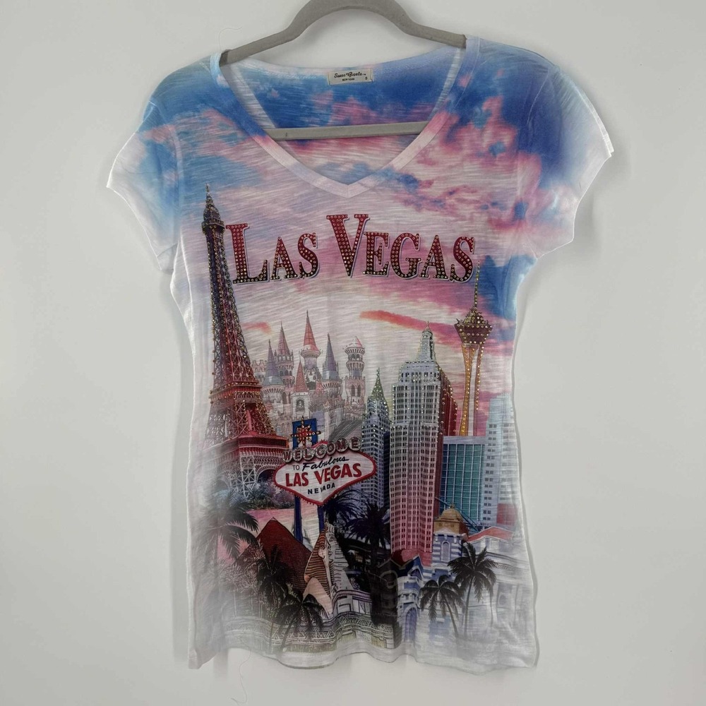 Sweet Gisele Womens T Shirt Las Vegas Pink Sky Graphic Rhinestone Size S